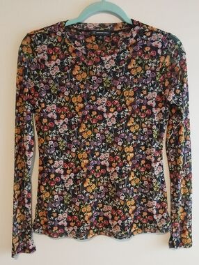 INC International Concepts Multicolor Floral Sheer Mesh Long Sleeve Top
